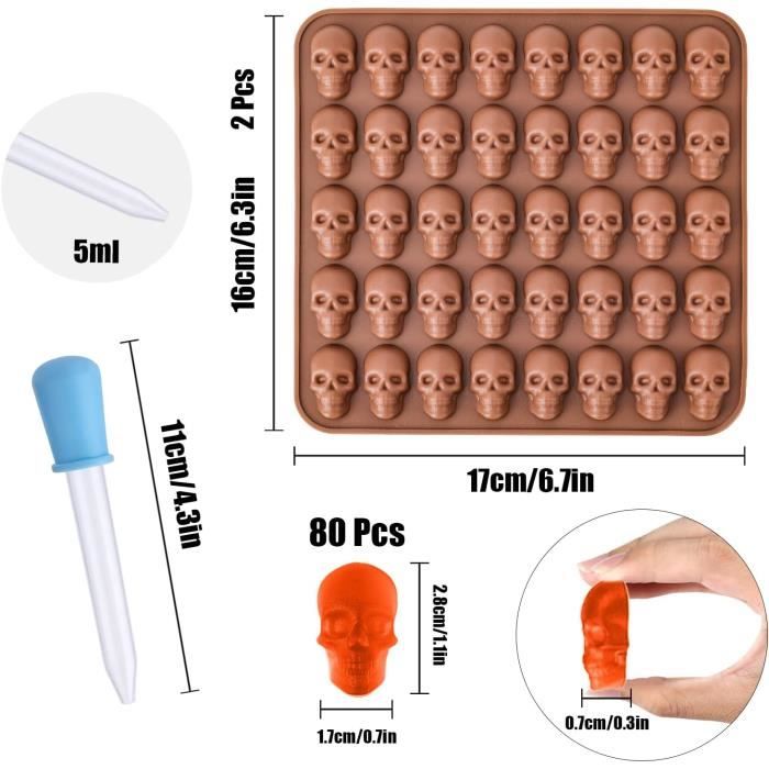 Moules de bonbons gélifiés en silicone, 2 paquets de 40 moules en silicone  antiadhésifs à crâne de cavité avec 1 compte-gouttes pour le chocolat, les  bonbons