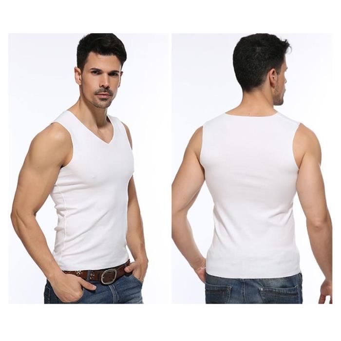 Tee Shirt Hommes Sans Manches Col V Blanc 90 cotton