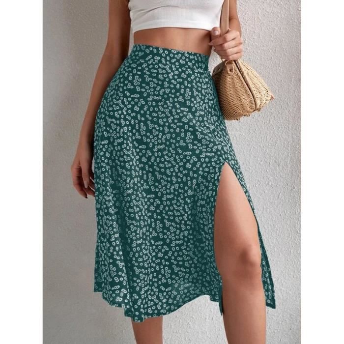 Jupe Fendue Fleurie A Imprime Floral Femme Vert Taille Moyenne Boho