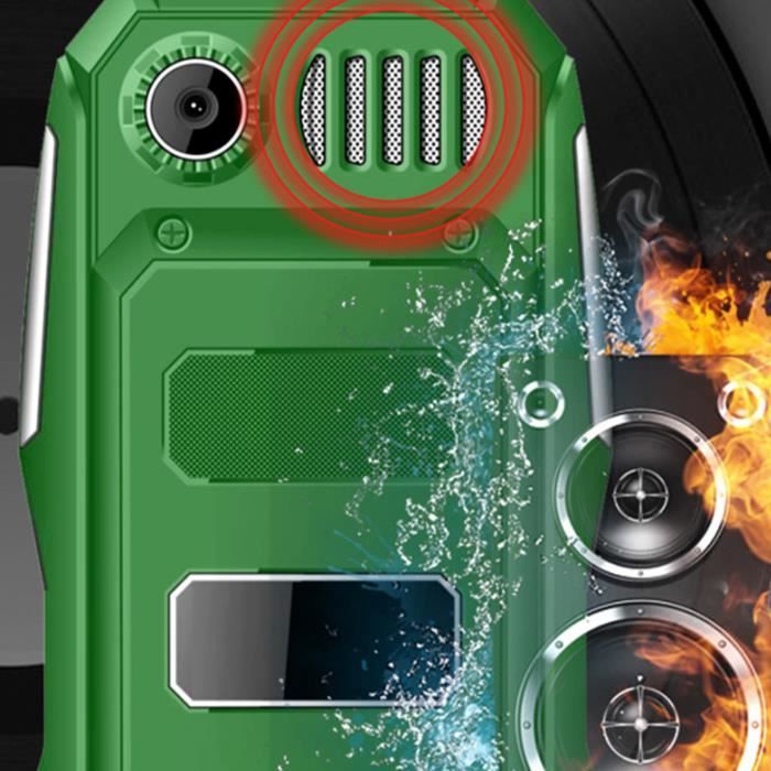 Téléphone Portable Robuste Militaire - Double SIM, Radio FM, Bluetooth, Torche - Autonomie Longue - Vert, Neuf
