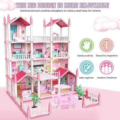 Maison De Poupées 3 étages - 11 Pièces, LED, 4 Poupées, Tapis - Station Balnéaire - Cadeau 3-16 Ans