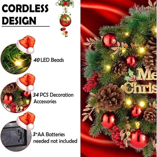 Couronne De Noël Lumineuse LED 40 Cm - 30 LEDs, Piles Incluses, Minuterie 6h, Idéale Porte Ou Mur