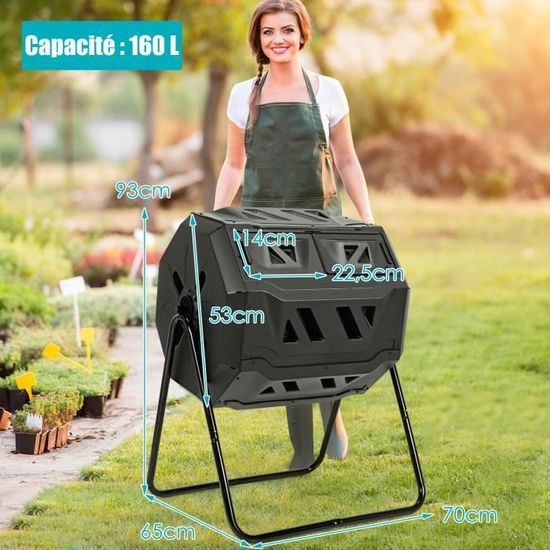 Hourleey Bac à Compost D'extérieur De 119 Litres à Double Chambre Avec Portes Coulissantes, Bac à Composteur Rotatif Pour Jardin, Cuisine, Cour