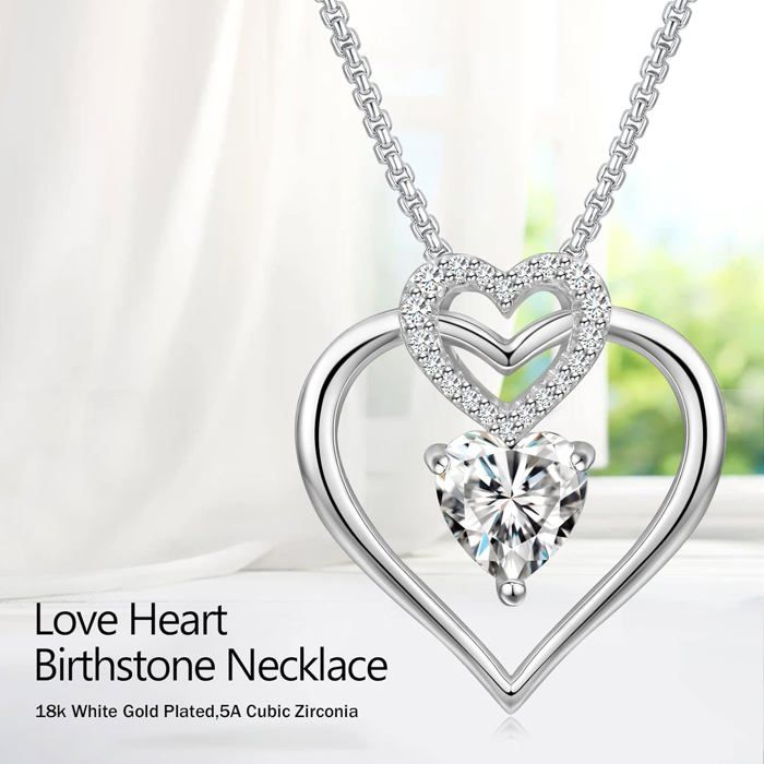 Collier Pendentif Double Cœur Or Blanc 14k Avec Diamants - 18 Pouces, Argent Sterling, Neuf