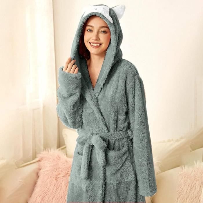 Robe Peignoir Moelleux Capuche Robe De Chambre Femme Douce Et