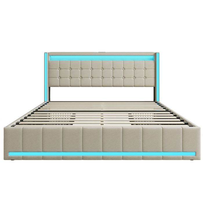 Lit 160x200 cm, lit coffre avec LED, cadre de lit adulte avec sommier à lattes, tissu en velours, 160x200 cm, Beige