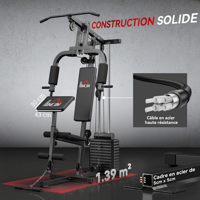 Station De Musculation SPORTNOW Multifonction Ajustable – 10 Contrepoids 65 Kg, Banc Pour Pectoraux, Abdominaux, Jambes, Dorsaux, Avec Filet De Sécurité, Pour Maison