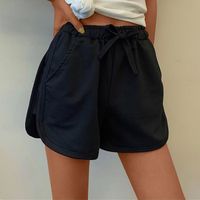 Pantalons de short solides lâches à taille élastique décontractée avec cordon de serrage pour femmes Noir