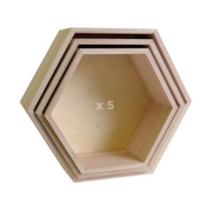 OBJET DÉCORATIF 5 blocs de 3 étagères hexagone en bois 24-30 cm