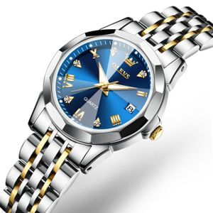 MONTRE Montre femme de luxe de marque haute qualité mode bracelet en acier étanche à l'eau afficher le calendrier diamant bleu