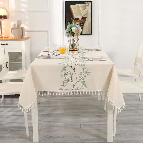 NAPPE RECTANGULAIRE EN LIN BLANC BRODEE POINT DE CROIX BLEU 128 X 240 CM NEUVE