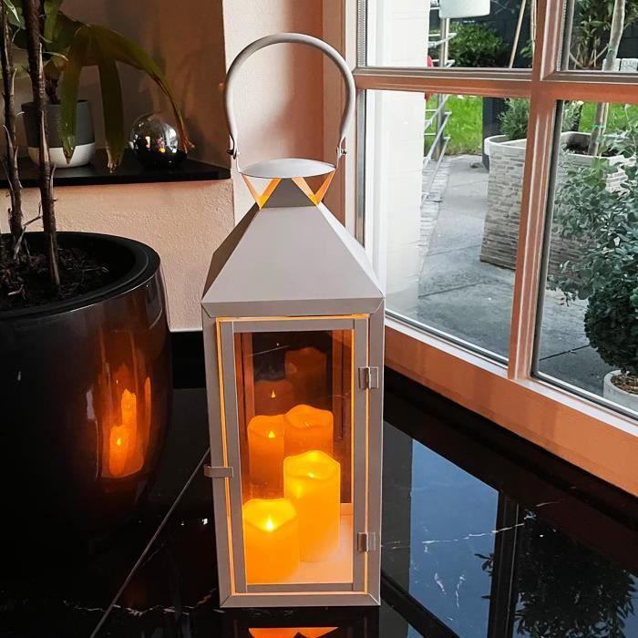 lanterne de jardin de luxe en métal et verre - hauteur 54 cm - blanc