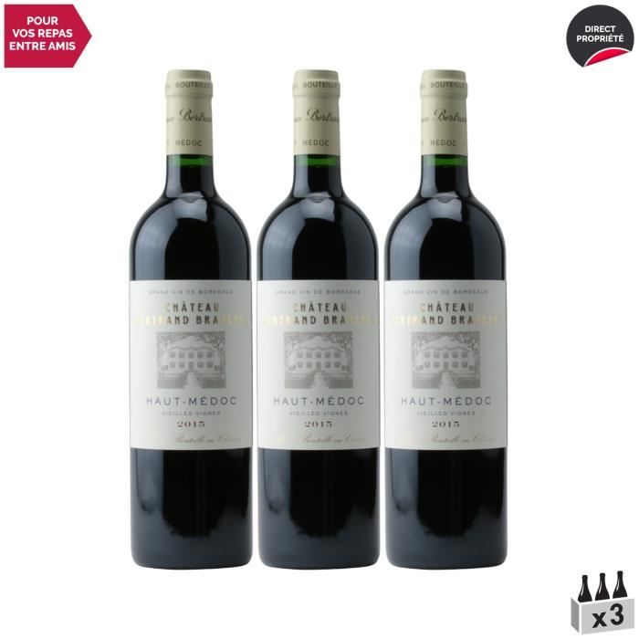 Château Bertrand Braneyre Vieilles Vignes Rouge 2015 - Lot de 3x75cl - Vin Rouge de Bordeaux - Appellation AOC Haut-Médoc
