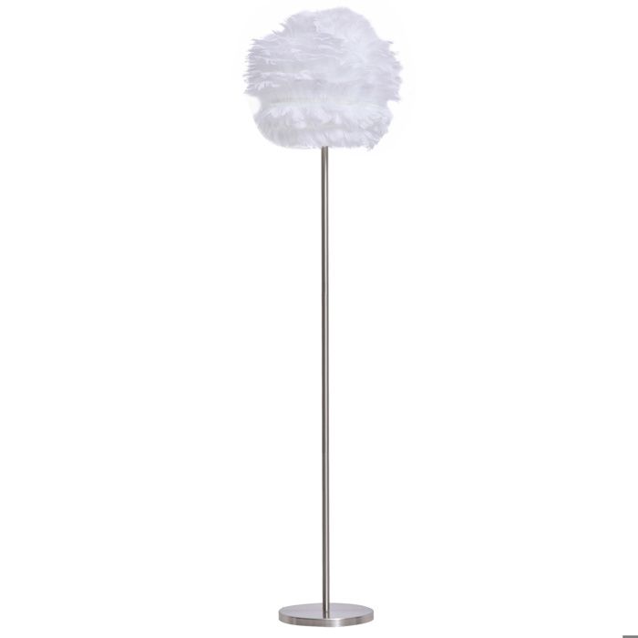 Lampadaire plume sur pied - ampoule E27 60 W max. - interrupteur à pied - dim. Ø 40 x 160H cm - métal chromé plumes d'oie blanc