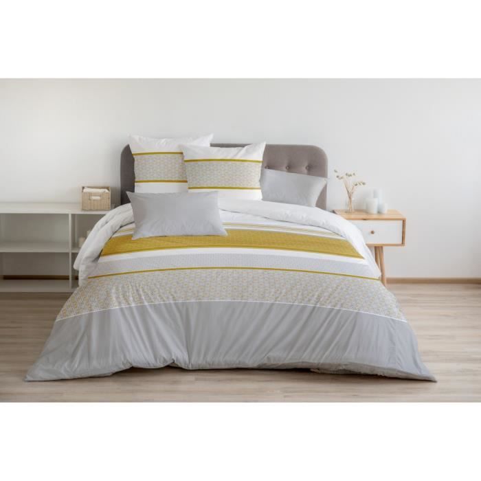 Housse de Couette 3 Pièces - 100% Coton 57 Fils - 2 Personnes 240x260 cm - BONUS Jaune moutarde Blanc
