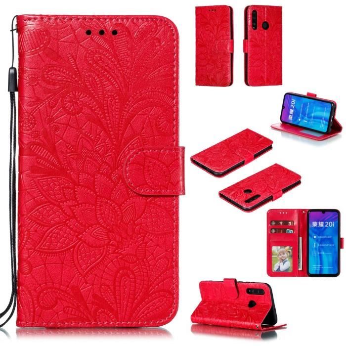 with Case Huawei P Smart 2019 Coque en Fleur de Dentelle en Relief Carte de Crédit et Dragonne - RougeNS