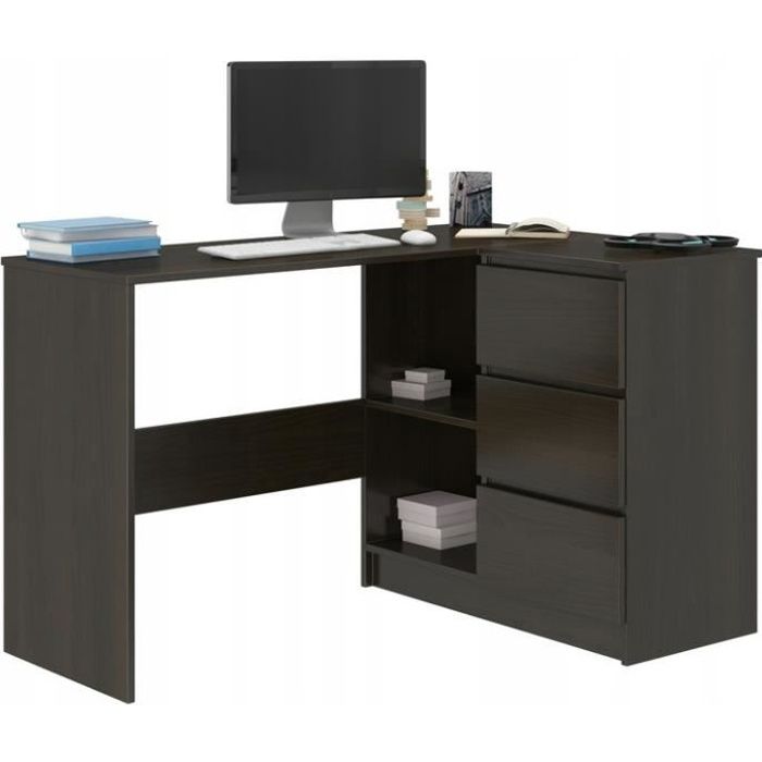 REX W - Bureau d'angle + rangements + 3 tiroirs - 112x87x76 - Table d'ordinateur forme de L - Table de travail - Wengé