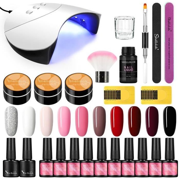 Shelloloh Kit 10pc Vernis Gel Semi Permanent Extension Gel UV 24W UV/ LED Lampe Vernis Nail Art Limes Ouitls Ongle Débutant Manucure