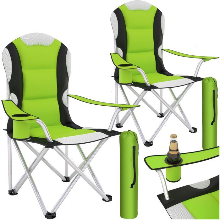 TECTAKE Lot de 2 Chaises de Camping pliables avec Porte Gobelet et Housse Sac de Transport Noir Vert