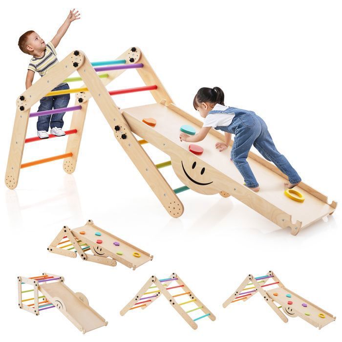 DREAMADE Triangle d'escalade avec Toboggan en Bois 3 en 1 Jouet Montessori pour Grimper & Glisser Convient à Enfants 1+ Ans (Multicolore