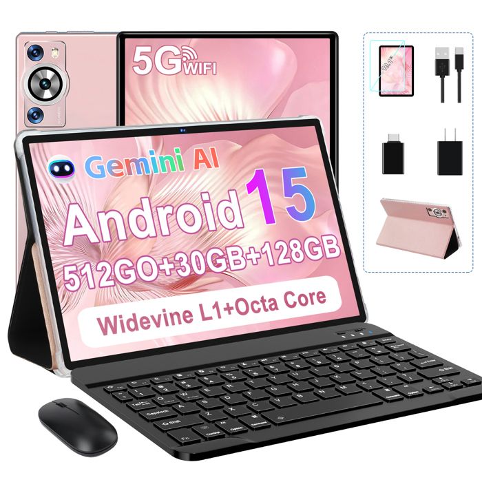 Tablette Android 15 10 Pouces - 30 Go RAM, 128 Go ROM, Clavier Et Souris Inclus, 8000 MAh, 5G WiFi, Widevine L1 - 1