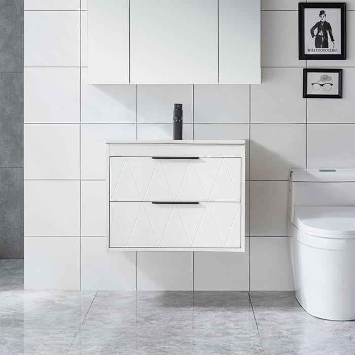 GOOBUY Meuble sous Lavabo Suspendu 60cm avec Lavabo en Céramique Robinet 2 Tiroirs Style Ligne Scandinave Blanc 60 x 45 x 46cm
