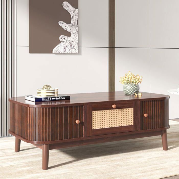 Lemonbest Table Basse avec tiroir en rotin et 2 Portes coulissantesf 110 x 55 x 385 cm pieds en bois massif - Couleur Noyer