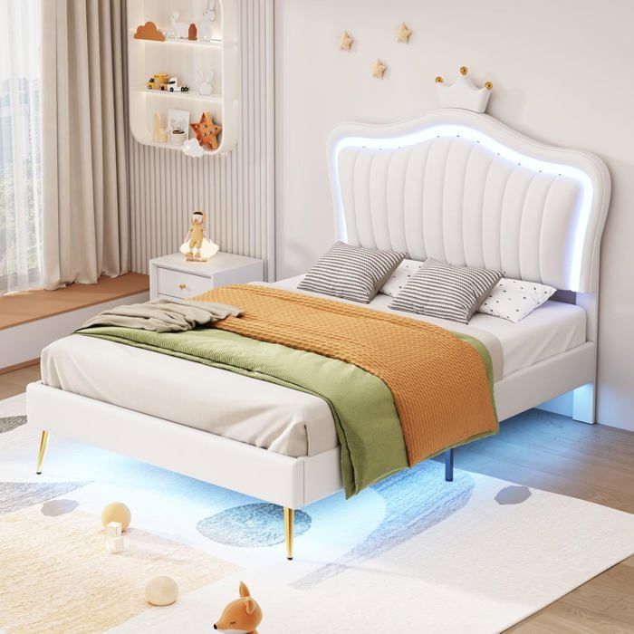 Lit Enfant rembourré 90 x 200cm avec éclairage LED Lit Fille avec sommier à Lattes Cadre de lit Crown en Cuir PU Blanc sans Matelas