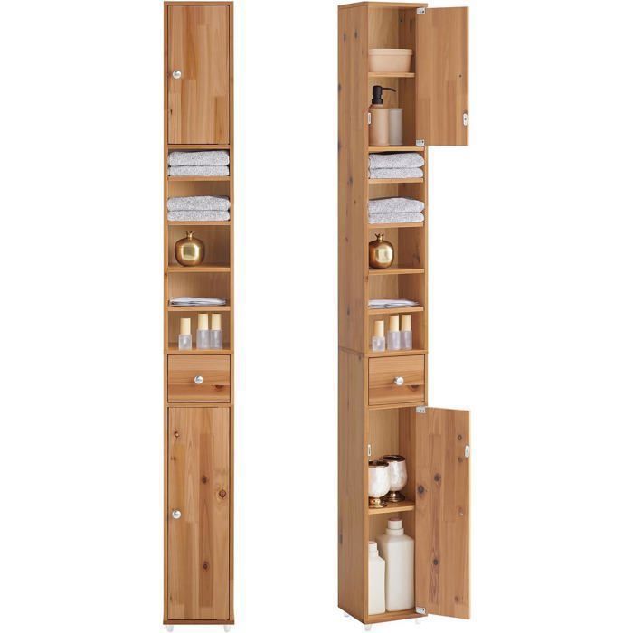 SoBuy Colonne Salle de Bain Bois Massif avec Tiroir et Étagères Réglables Armoire Rangement Étroite WC 20x20x180cm SoBuy Colonne Salle de Bain Bois Massif avec Tiroir et Étagères Réglables Armoire Rangement Étroite WC 20x20x180cm