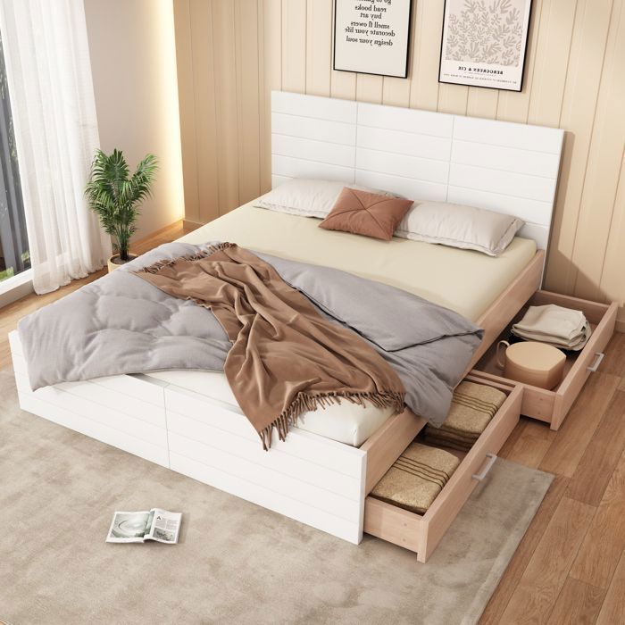 Lit coffre 160x200 cm en bois massif et MDF blanc et chêne clair 2 tiroirs modulables