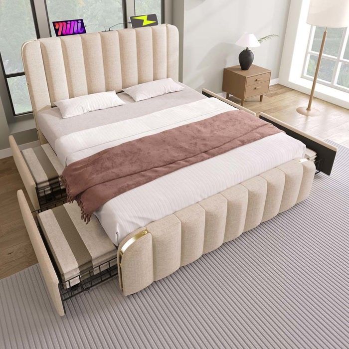 Lit coffre - 160 x 200 - Tissu lin beige - 4 tiroirs - Port USB-C