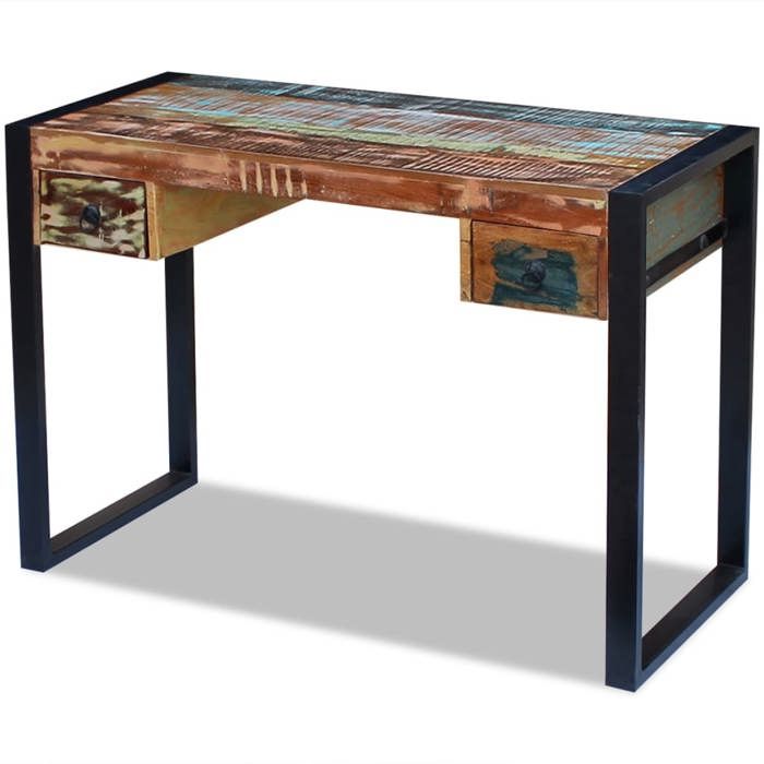 Bureau en bois de récupération - WIENS - 110x50x77 cm - Multicolore - Deux tiroirs - Artisanal - Cadre en acier - Unique