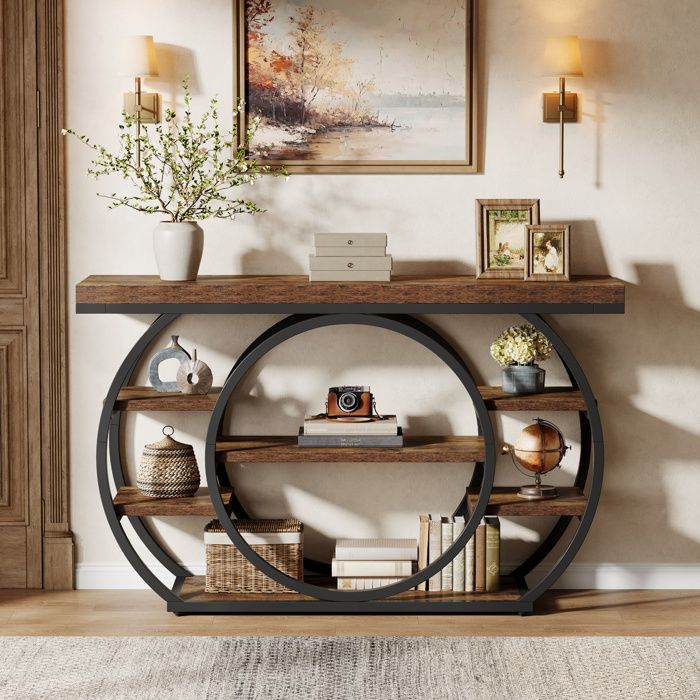 Table ConsoleLittle Tree120x30x80 cmBase CirculaireÉtagère de Rangement à 6 NiveauxPour Entrée Couloir Salon
