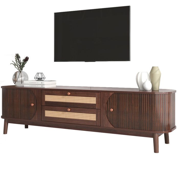 Meuble TV Bois - Meuble TV salon 2 portes 2 tiroirs avec rotin style naturel 170x39.5x46cm noyer - Style Campagnard