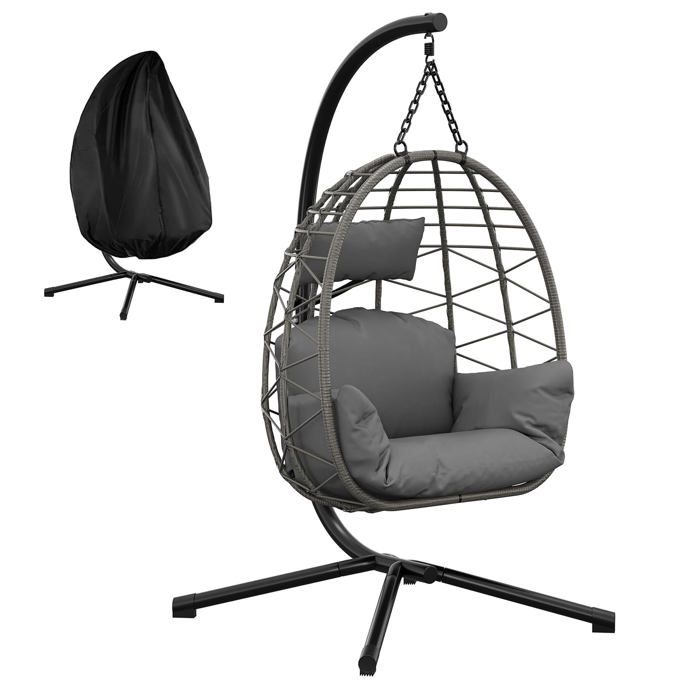 Fauteuil suspendu en rotin - LUNSY - Forme dœuf - Structure métallique intégrée - Supporte jusquà 150 kg