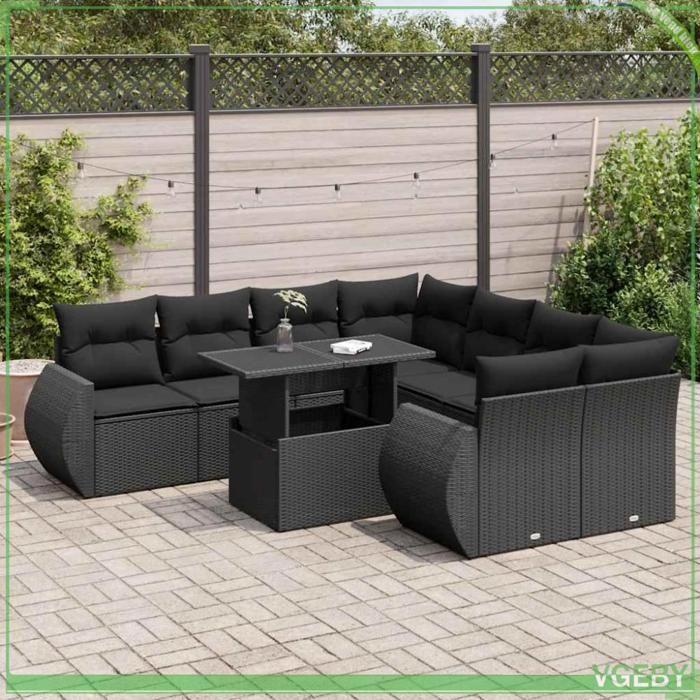 Salon de jardin 9 pcs - 3326606 - Résine tressée noire - Coussins déhoussables - Rangement étanche & table réglable