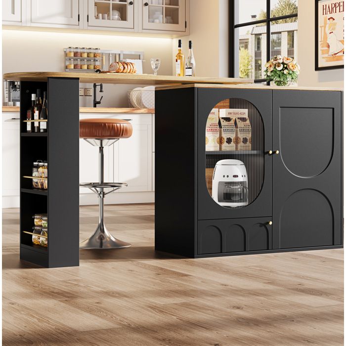 Bar de cuisine pivotant noir L 138 x P 39 x H 105 cm tablette 360° et rangement 3 portes