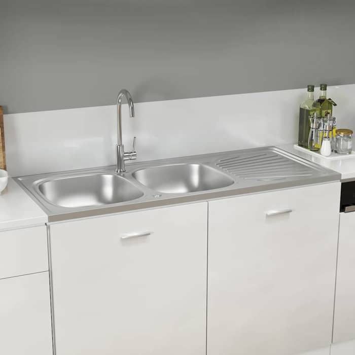 Argent Évier de cuisine à double évier argenté 1200x600x155 mm inox - Vasque H15340