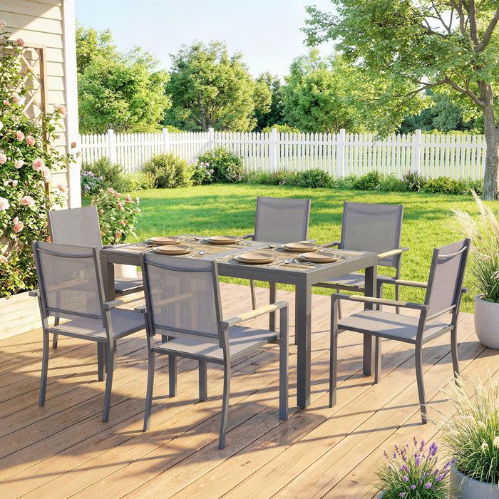 Salon de Jardin Ensemble Mobilier de Jardin 7 Pièces Table Effet Bois 6 Chaises Empilables en Textilène 140x80x72cm Gris