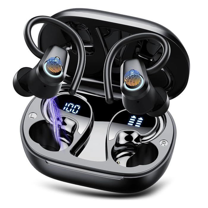 Écouteurs Bluetooth Sport Ecouteur sans Fil Bluetooth 5.3 HiFi Stéréo 50H Ecouteurs de sport Réduction du bruit IP7 étanches Noir