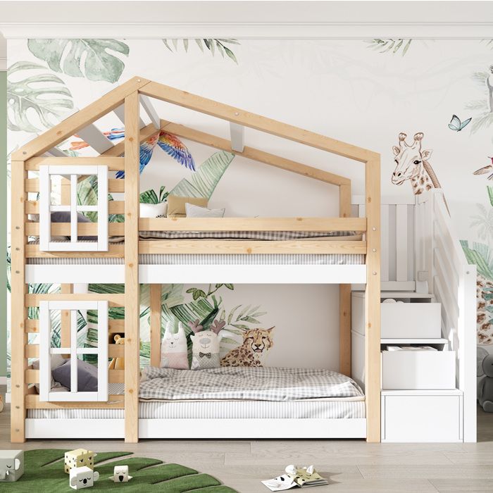 Lit superposé enfant style cabane en bois massif et MDF avec rangements