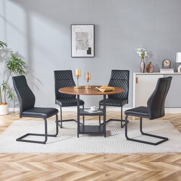 Ensemble table et chaises salle à manger - Table ronde 107 cm - Double niveau de rangement - 4 chaises noires