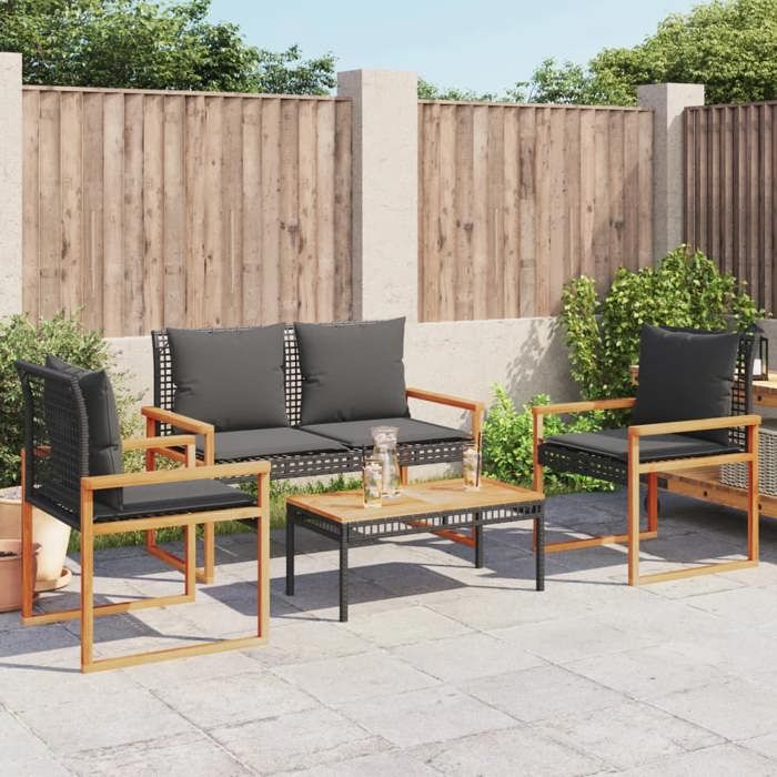 Noir SOFA DE JARDIN SWEETY Salon de jardin - design élégant - 4 pcs - avec coussins Noir Résine tressée 75x38x32cm CL86499127061