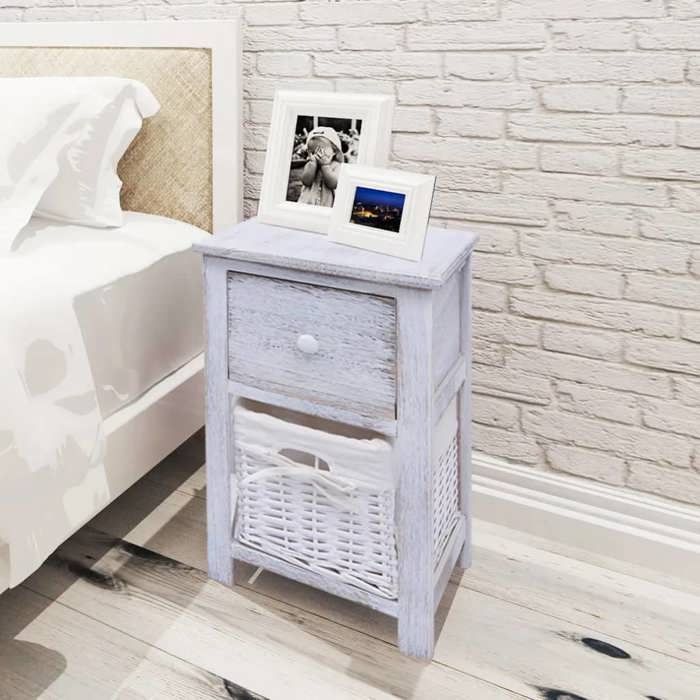 Table de chevet (lot de 2) - Maison Exclusive - Blanc - Bois de Paulownia - 1 tiroir + panier en osier