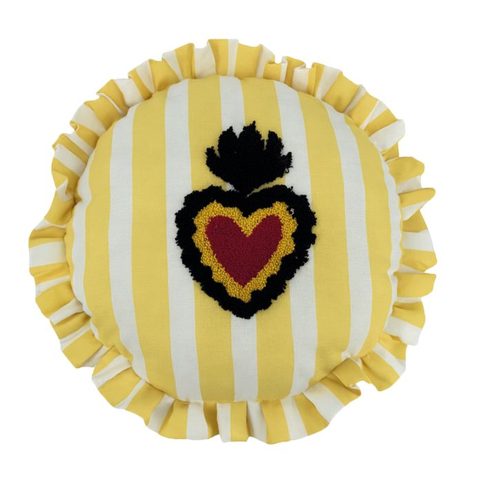 Coussin rond à rayures avec motif cœur brodé Jaune 42 cm Coussin rond à rayures avec motif cœur brodé Jaune 42 cm