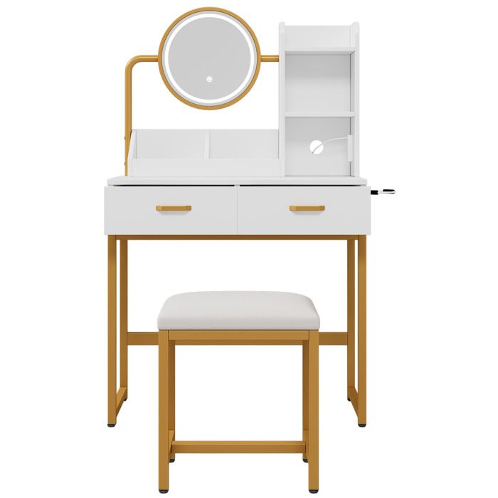 Coiffeuse avec Miroir LED Tabouret et Prise - Table Maquillage Blanche avec Support Sèche-Cheveux et Tiroirs - 80×138.5×40 cm