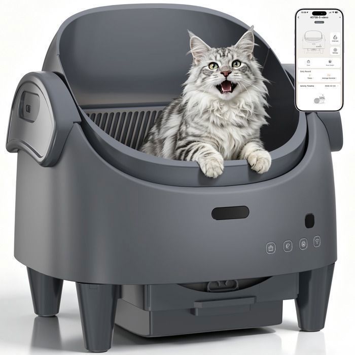 Litière auto-intelligente 78 L capteurs 360° pilotage app bac ouvert suivi santé anti-odeurs multi-chats Gris