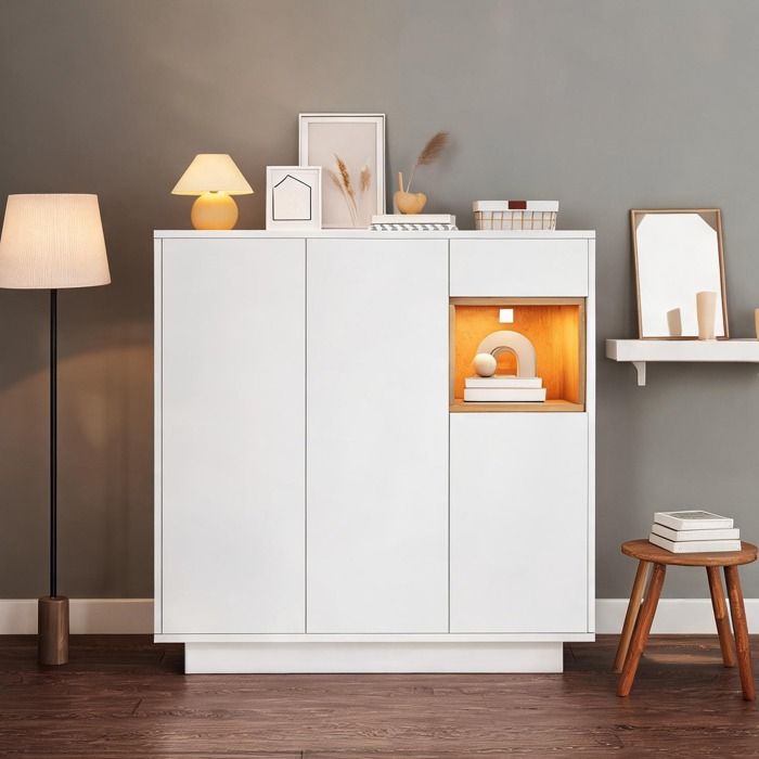 Meuble à chaussures blanc et bois naturel avec LED tiroir et étagères réglables pour 14-18 paires style scandinave