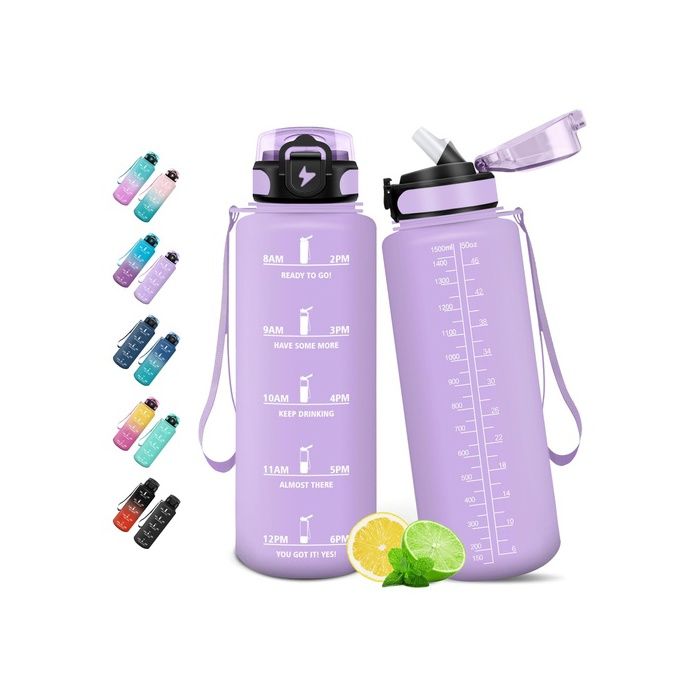 Gourde 1.5L Bouteille Gourde Sport avec Paille Gourde Motivation avec Marqueur de Temps Violet - 1500ml 1500 ml 1500 ml GOURDE