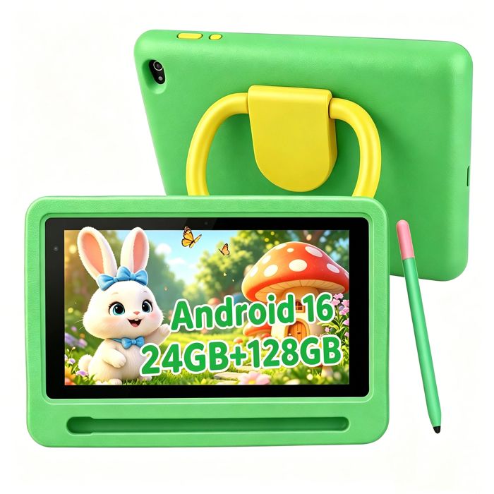 Tablette Tactile 7’’ Android 16 pour enfants 24 Go+128 Go+1 To (extensible) Wi-Fi 6 3000mAh avec coque de protection stylet